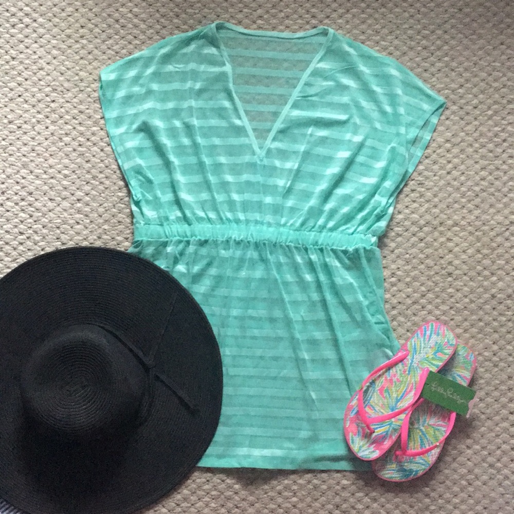 NWOT sheer stripe mesh aqua cover-up